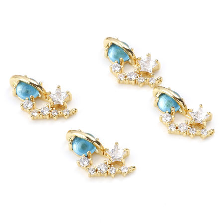 Image de Connecteurs Galaxie en Laiton Plaqué Or Véritable Etoile Univers Planète Bleu à Zircone Cubique Clair 19mm x 11mm, 1 Pièce