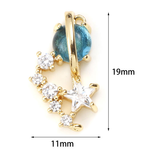 Bild von Messing Galaxis Verbinder Echtgold plattiert Stern Universum Planeten Blau Klar Zirkonia 19mm x 11mm, 1 Stück