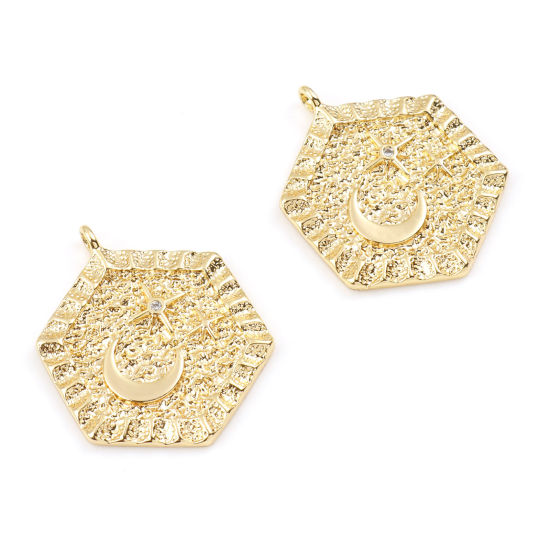 Immagine di Ottone Galassia Charms Esagono Vero Oro Placcato Luna Trasparente Cubic Zirconiae 25mm x 19mm, 2 Pz