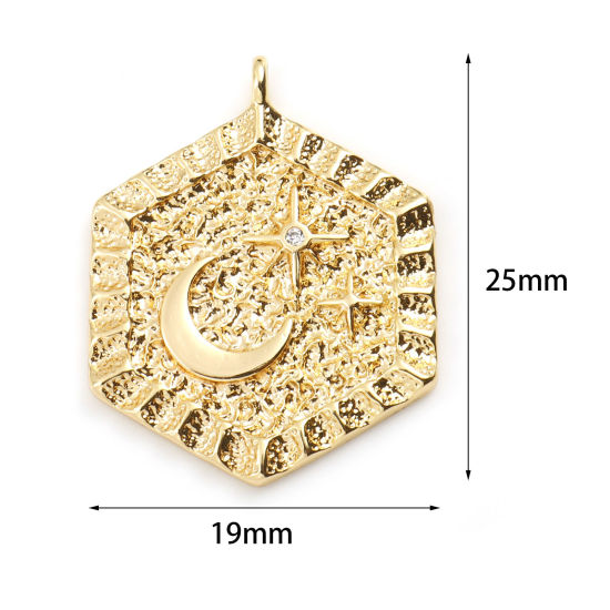 Immagine di Ottone Galassia Charms Esagono Vero Oro Placcato Luna Trasparente Cubic Zirconiae 25mm x 19mm, 2 Pz