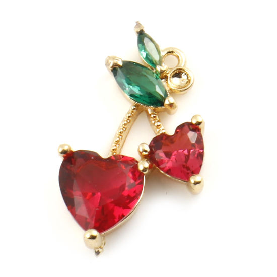 Picture of Brass Charms Cherry Fruit Real Gold Plated Red Cubic Zirconia 17mm x 10mm, 2 PCs