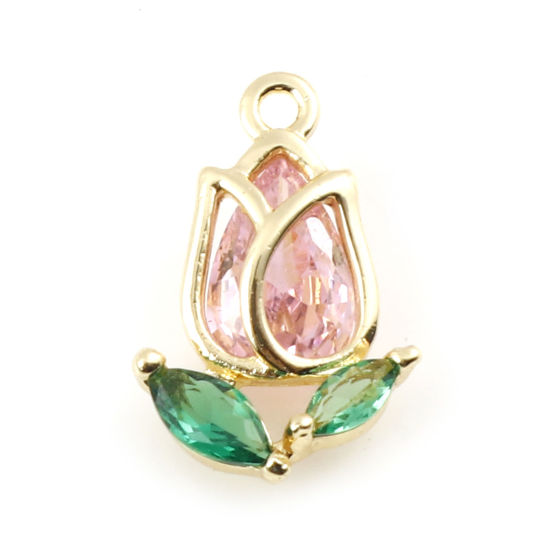 Picture of Brass Charms Tulip Flower Real Gold Plated Pink Cubic Zirconia 11mm x 7.5mm, 2 PCs
