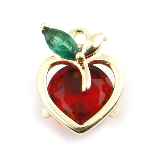 Picture of Brass Charms Apple Fruit Real Gold Plated Red Cubic Zirconia 10mm x 8mm, 2 PCs
