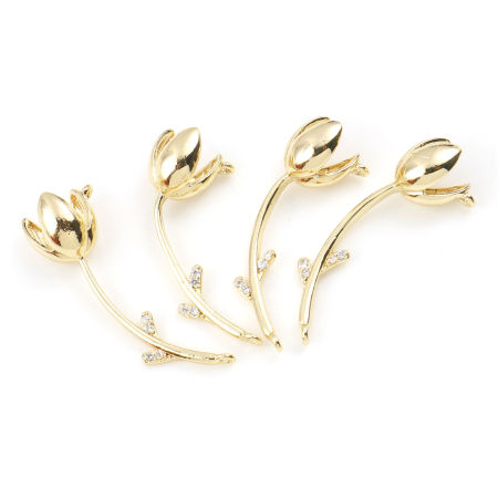 Brass Connectors Real Gold Plated Tulip Flower Clear Cubic Zirconia 25mm x 9mm, 2 PCs