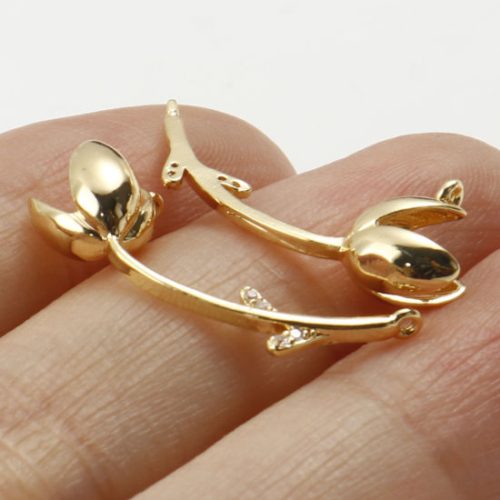 Immagine di Ottone Connettore Accessori Vero Oro Placcato Fiore del Tulipano Trasparente Cubic Zirconiae 25mm x 9mm, 2 Pz
