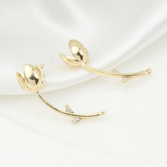 Immagine di Ottone Connettore Accessori Vero Oro Placcato Fiore del Tulipano Trasparente Cubic Zirconiae 25mm x 9mm, 2 Pz