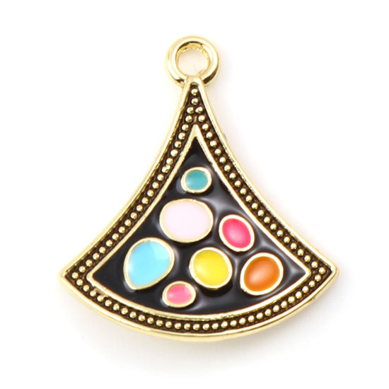 Immagine di Lega di Zinco Charms A Forma di Ventagli Oro Chiaro Nero Polka Dot Smalto 23mm x 20mm , 5 Pz