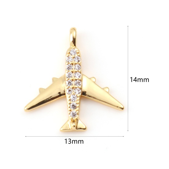 Bild von Messing Micro Pave Charms Flugzeug Echtgold plattiert Klar Zirkonia 14mm x 13mm, 1 Stück