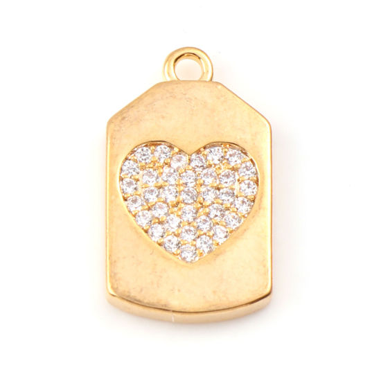 Picture of Brass Micro Pave Charms Pentagon Real Gold Plated Heart Clear Cubic Zirconia 17mm x 10mm, 1 Piece