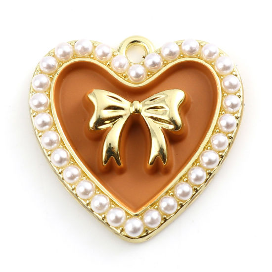 Immagine di Lega di Zinco Charms Cuore Oro Placcato Cachi Cravatta a Farfalla Smalto 21mm x 21mm , 5 Pz