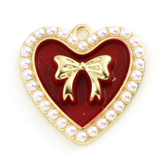 Immagine di Lega di Zinco Charms Cuore Oro Placcato Colore di Vino Rosso Cravatta a Farfalla Smalto 21mm x 21mm , 5 Pz