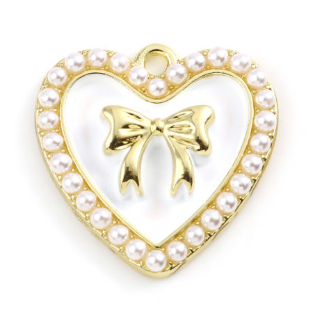 Picture of Zinc Based Alloy Charms Heart Gold Plated White Bowknot Enamel 21mm x 21mm, 5 PCs