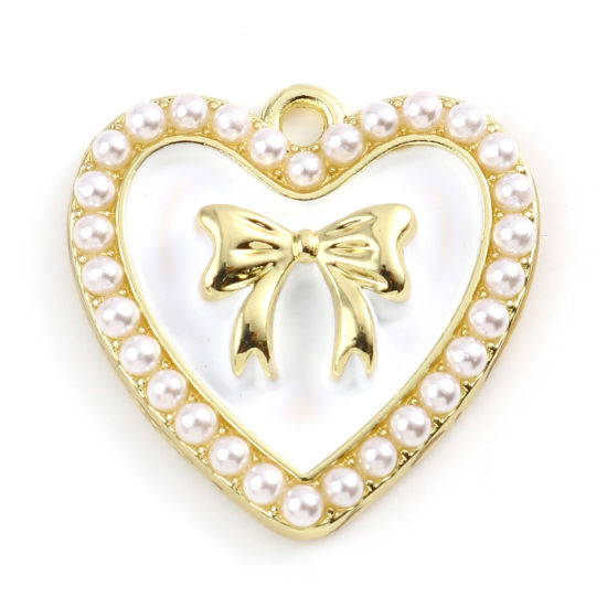 Immagine di Lega di Zinco Charms Cuore Oro Placcato Bianco Cravatta a Farfalla Smalto 21mm x 21mm , 5 Pz