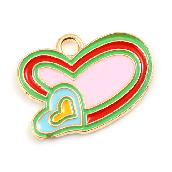 Immagine di Lega di Zinco San Valentino Charms Cuore Oro Placcato Multicolore Smalto 20mm x 15mm , 10 Pz
