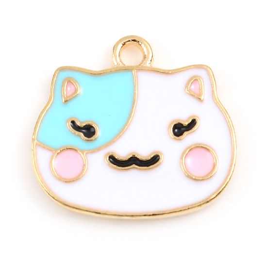 Picture of Zinc Based Alloy Charms Cat Animal Gold Plated Blue Enamel 16mm x 15mm, 10 PCs