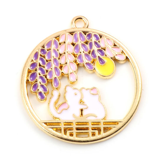 Picture of Zinc Based Alloy Japanese Style Pendants Round Gold Plated Multicolor Cat Enamel 3.1cm x 2.8cm, 10 PCs