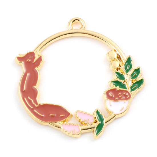 Picture of Zinc Based Alloy Japanese Style Pendants Round Gold Plated Multicolor Squirrel Enamel 3.1cm x 3cm, 10 PCs