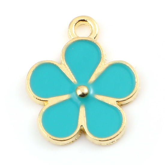 Immagine di Lega di Zinco Charms Fiore Oro Placcato Verde Blu Smalto 16mm x 14mm , 20 Pz