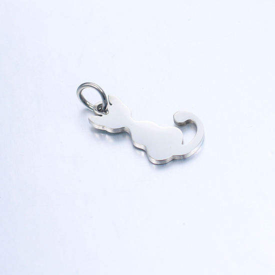 Picture of 304 Stainless Steel Pet Silhouette Charms Silver Tone Cat Animal Blank Stamping Tags 19mm x 9mm, 2 PCs