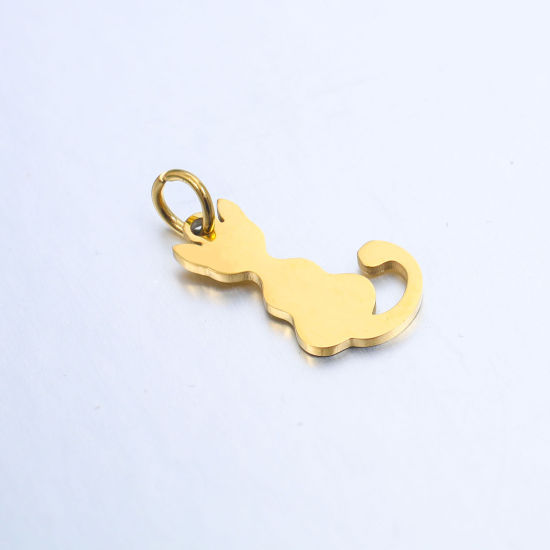 Picture of 304 Stainless Steel Pet Silhouette Charms Gold Plated Cat Animal Blank Stamping Tags 19mm x 9mm, 2 PCs