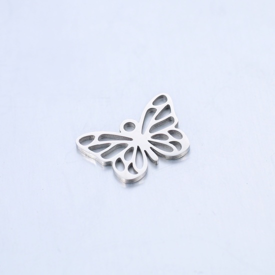 Picture of 304 Stainless Steel Insect Charms Silver Tone Butterfly Animal 15mm x 10.5mm, 2 PCs