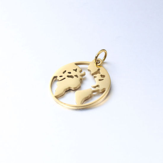 Picture of 304 Stainless Steel Silhouette Map Charms Gold Plated Round 23.5mm x 18mm, 1 Piece