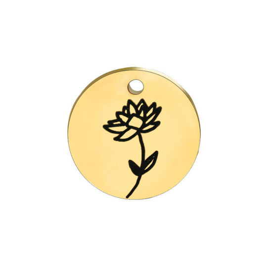 Immagine di 1 Pz 304 Acciaio Inossidabile Luglio Fiore del Mese di Nascita Ciondoli Oro Placcato Nero Tondo Fiore di Ninfea 15mm Dia.