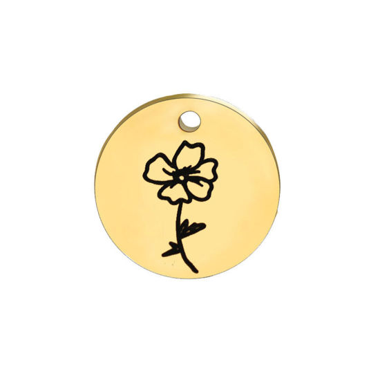 Immagine di 1 Pz 304 Acciaio Inossidabile Agosto Fiore del Mese di Nascita Ciondoli Oro Placcato Nero Tondo Papavero 15mm Dia.