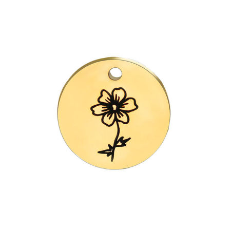 Image de 1 Pièce Breloques en 304 Acier Inoxydable octobre Fleur de Mois de Naissance Doré Noir Rond Fleur Cosmos 15mm Dia.