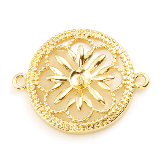 Bild von Muschel + Messing Verbinder Echtgold plattiert Rund Filigran Weiß 22mm x 18mm, 1 Stück