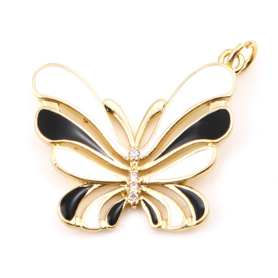 Immagine di Ottone Insetto Charms Oro Placcato Nero Farfalla Smalto Trasparente Strass 26mm x 23mm, 1 Pz