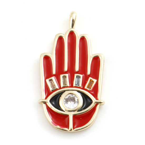 Picture of Brass Religious Charms Hamsa Symbol Hand Real Gold Plated Red Enamel Clear Cubic Zirconia 24mm x 13mm, 1 Piece