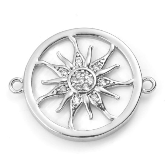 Imagen de Concha + Latón Galaxia Conectores Platino Real Chapado Ronda Sol Blanco Micro Pave Claro Circón Artificial 22mm x 18mm, 1 Unidad