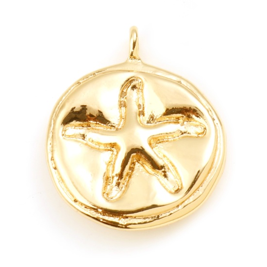 Picture of Brass Ocean Jewelry Charms Round Disc Real Gold Plated Star Fish Double Sided 17mm x 15mm, 2 PCs