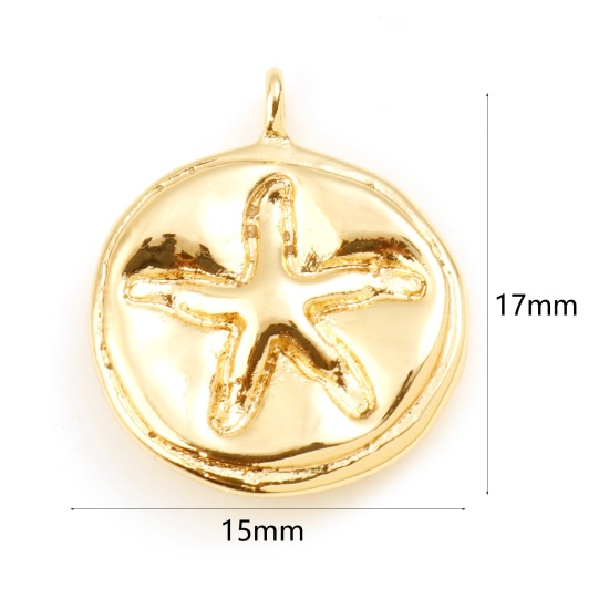 Picture of Brass Ocean Jewelry Charms Round Disc Real Gold Plated Star Fish Double Sided 17mm x 15mm, 2 PCs