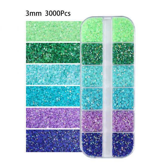 Bild von Harz Strass Mehrzweck-DIY-Nagelkunst-Dekoration Rund Blau & Grün AB Farbe 3mm D., 13cm x 5cm, 1 Set