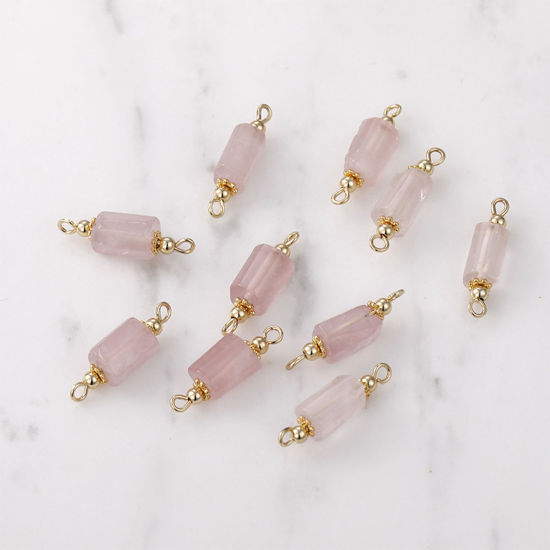 Picture of Rose Quartz ( Natural ) Connectors Charms Pendants Cylinder 14K Gold Color Pink 23mm x 7mm - 20mm x 5mm, 1 Piece