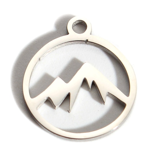 Image de Breloques en 201 Acier Inoxydable Rond Argent Mat Montagne Creux 14mm x 12mm , 2 Pcs