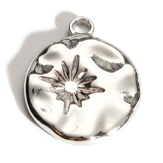 Изображение 201 Нержавеющая Сталь Серия Молотока Подвески Круглые Серебряный Тон Звезда 19мм x 15мм, 1 ШТ