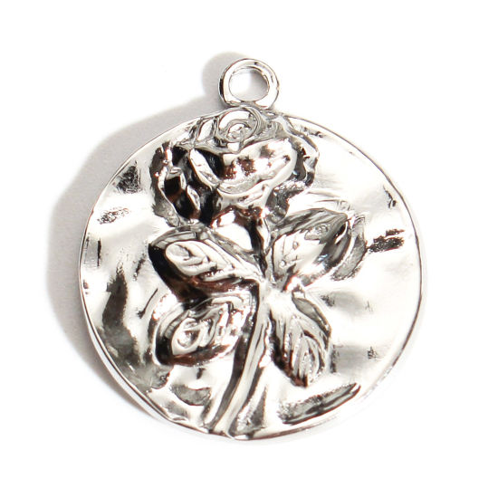 Изображение 201 Нержавеющая Сталь Серия Молотока Подвески Круглые Серебряный Тон Роза 21мм x 18мм, 1 ШТ