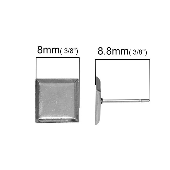 Picture of 304 Stainless Steel Ear Post Stud Earrings Cabochon Settings Rhombus Silver Tone (Fits 8mm x 8mm) 8.8mm( 3/8") x 8.8mm( 3/8"), Post/ Wire Size: (21 gauge), 10 PCs