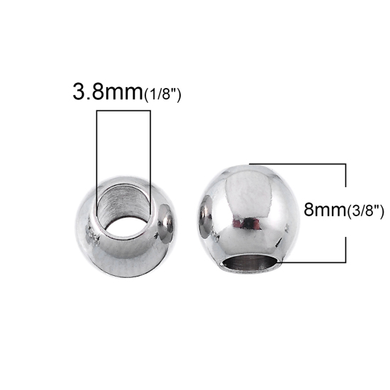 Picture of 304 Stainless Steel Spacer Beads Round Silver Tone About 8mm( 3/8") x 7mm( 2/8"), Hole:Approx 3.8mm, 10 PCs