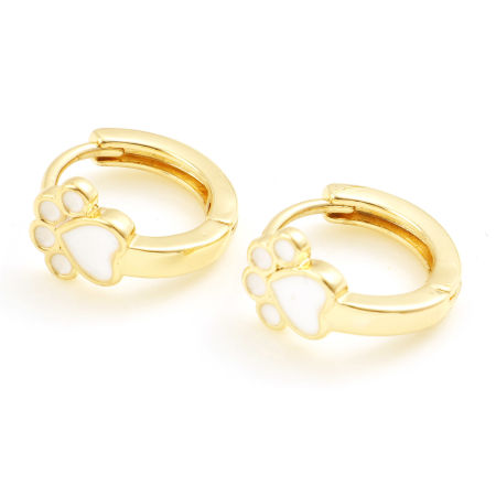 Picture of Brass Pet Memorial Hoop Earrings Real Gold Plated White Dog Paw Claw Enamel 12mm x 11.6mm, Post/ Wire Size: (18 gauge), 2 PCs