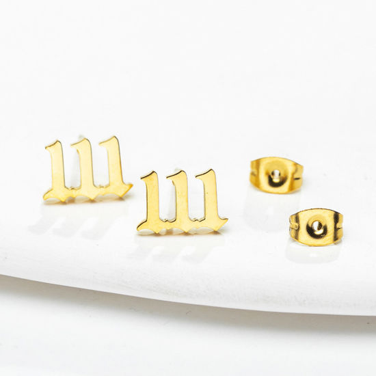 Picture of 304 Stainless Steel Angel Number Ear Post Stud Earrings Gold Plated Message " 1 " 13mm x 7mm, 1 Pair