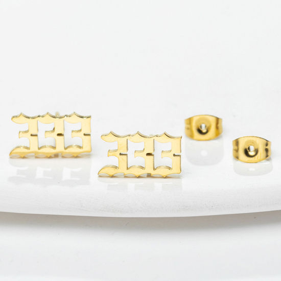 Picture of 304 Stainless Steel Angel Number Ear Post Stud Earrings Gold Plated Message " 3 " 13mm x 7mm, 1 Pair