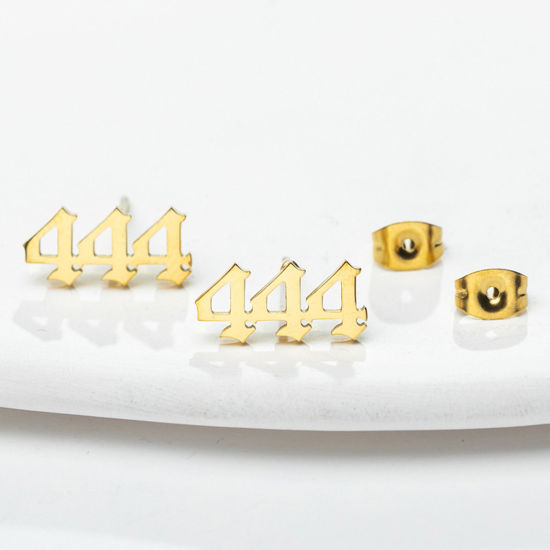 Picture of 304 Stainless Steel Angel Number Ear Post Stud Earrings Gold Plated Message " 4 " 13mm x 7mm, 1 Pair