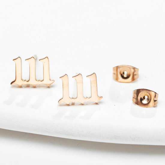 Picture of 304 Stainless Steel Angel Number Ear Post Stud Earrings Rose Gold Message " 1 " 13mm x 7mm, 1 Pair