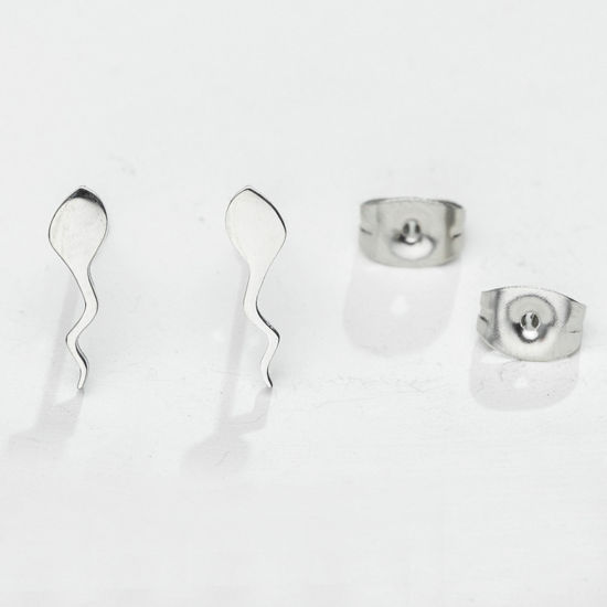 Picture of 304 Stainless Steel Ear Post Stud Earrings Silver Tone 12mm x 3mm, 1 Pair