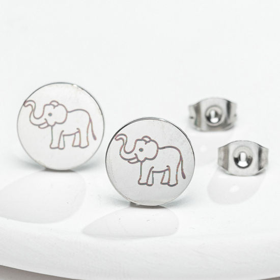Picture of 304 Stainless Steel Pet Silhouette Ear Post Stud Earrings Silver Tone Round Elephant 11mm Dia., 1 Pair