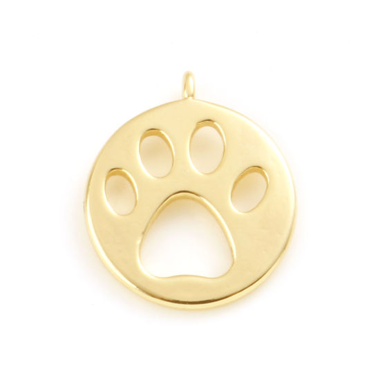 Immagine di Ottone Memoriale dell'animale Charms Tondo Vero Oro Placcato Orma di Zampa Filigrana 14mm x 12mm, 5 Pz